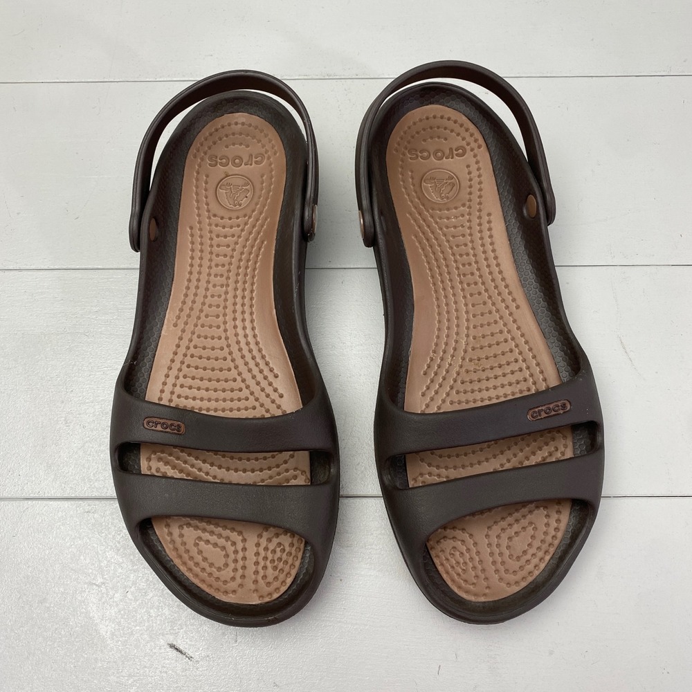 Crocs Cleo Sandal Women Size 10 Brown Tan Strappy Comfort Clog Slip On